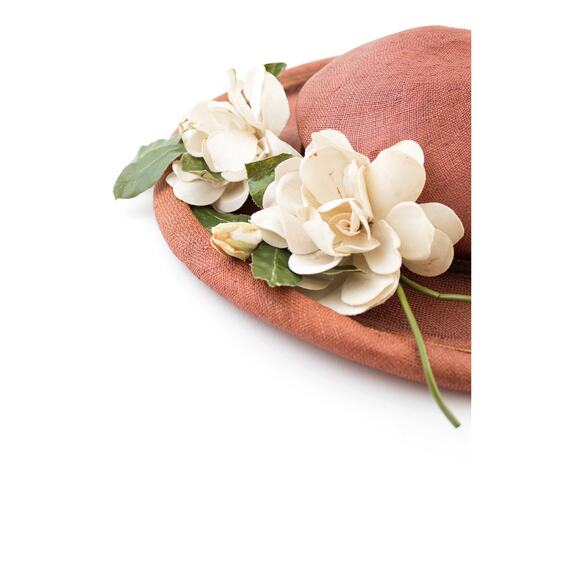 Vintage 1950s Sun Hat 50s White Floral Woven Brown Straw Wide Brim Picture Hat